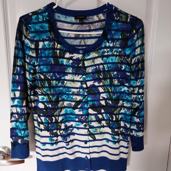TALBOTS Floral Striped Cardigan Sweater Button Up 3/4 Sleeve Cotton Blend Size S - Picture 1 of 8